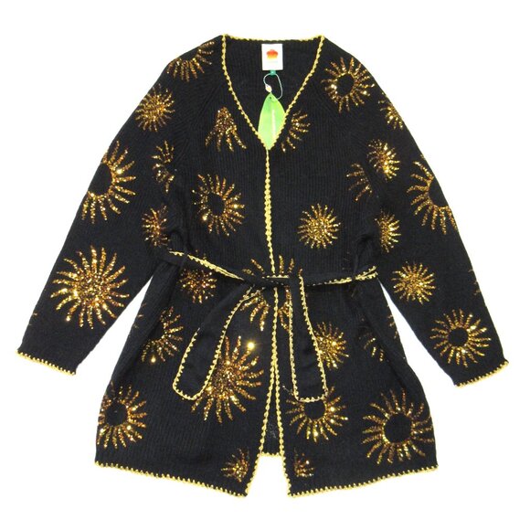 NWT Farm Rio Sun Sequin Cardigan in Sunny Mood Black Belted Long Knit Sweater M - Picture 2 of 8